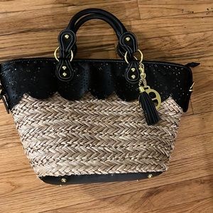 Iman Woven Straw Hand Bag with Laser Cut Black Scalloped Hem Detail